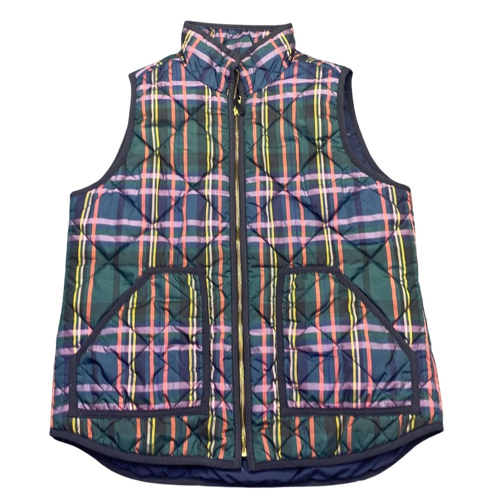 J.Crew Excursion Quilted Vest Tartan Plaid Green Navy Pink K3986 Small